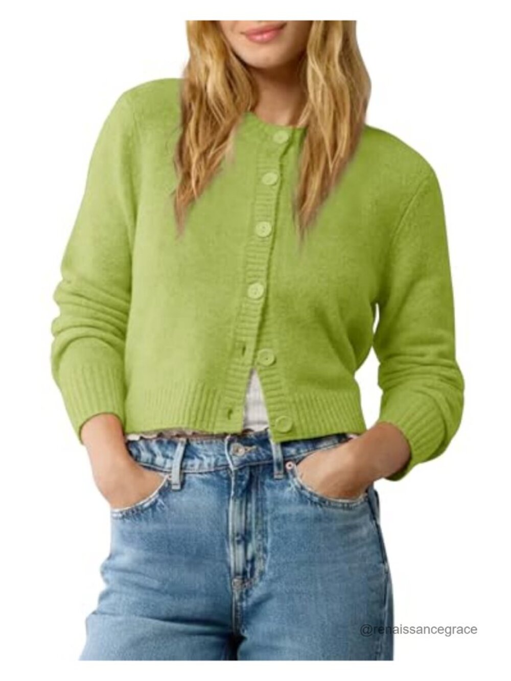 Cropped Crew Neck Cardigan Button Up Long Sleeve Knit Sweater Layering Jacket